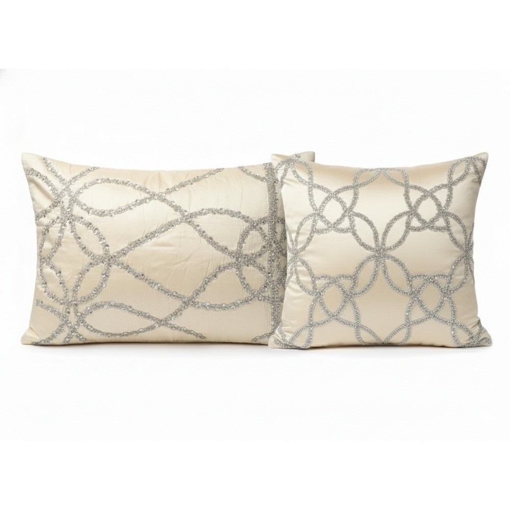 Lili Alessandra Whimsical Ecru Silk Crystal Beaded Pillow Shams Set of 2 L395E